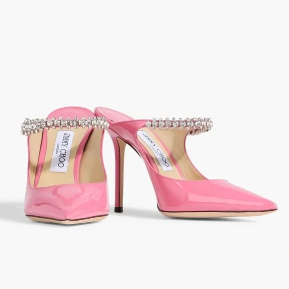 Jimmy Choo Bing 100 Shiny Patent Leather Crystal Stiletto Heels Bubble Pink - Picture 13 of 16